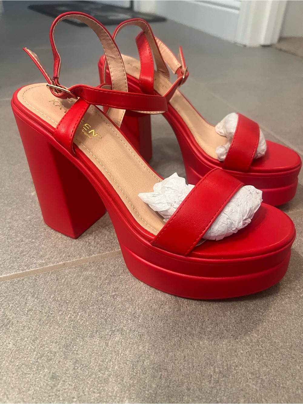 Chunky Red Platform Block Heel Sandals w/ Ankle Strap